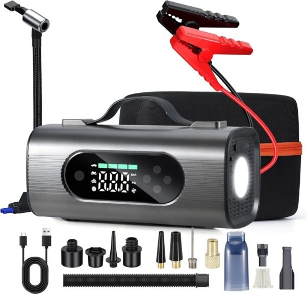 Portable Car Battery Jump Starter And Wireless Vacuum Cleaner With Air Compressor.