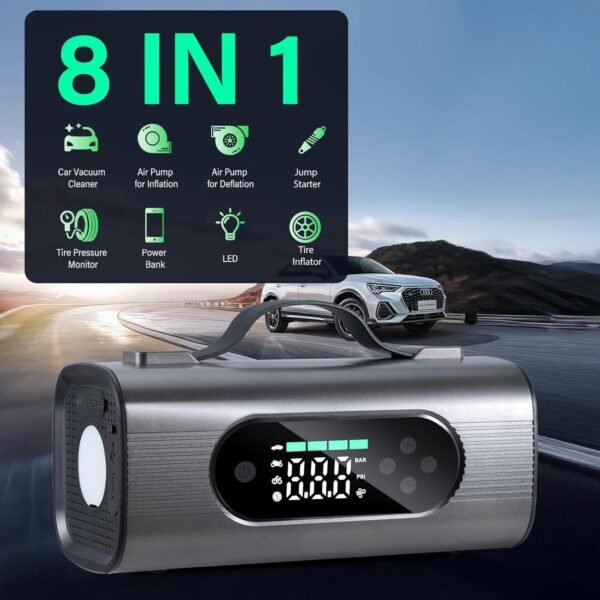 Portable Car Battery Jump Starter And Wireless Vacuum Cleaner With Air Compressor.