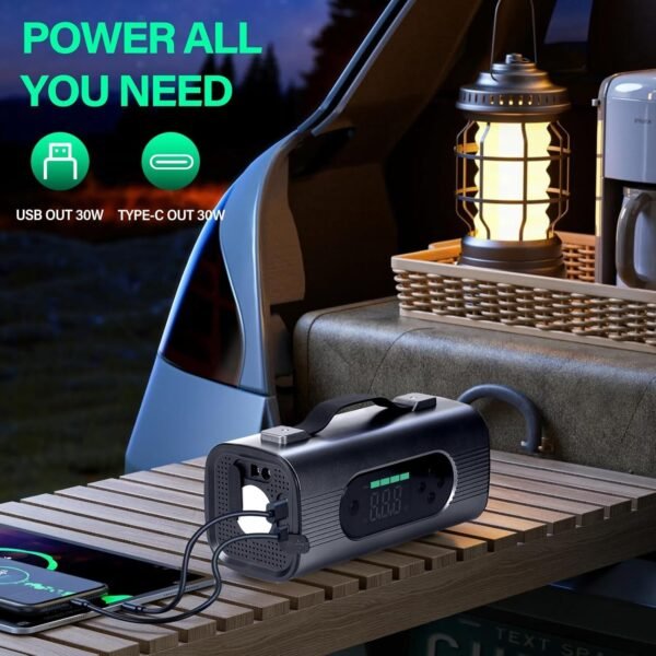 Portable Car Battery Jump Starter And Wireless Vacuum Cleaner With Air Compressor.